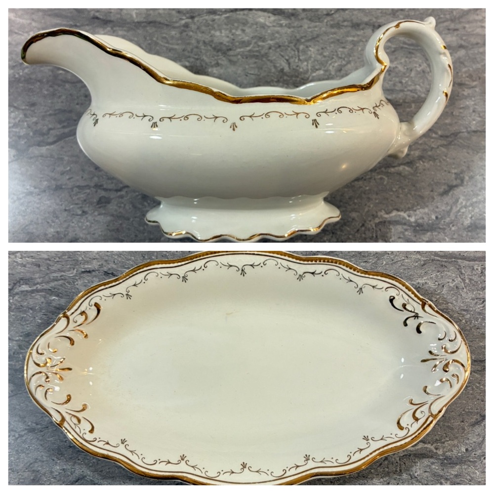Grindley England Gravy Boat with Underplate • Gold Trim Vintage China Set